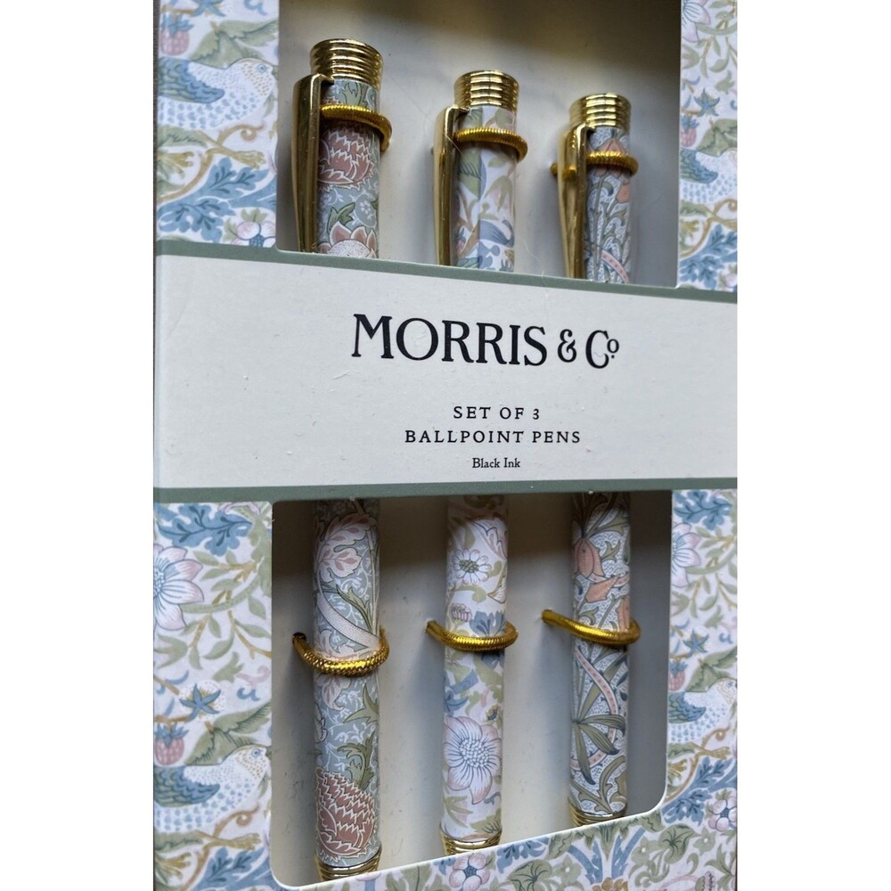 William Morris & Co Set of 3 Pens Blue Pink Gold STRAWBERRY THIEF Black Ink NEW